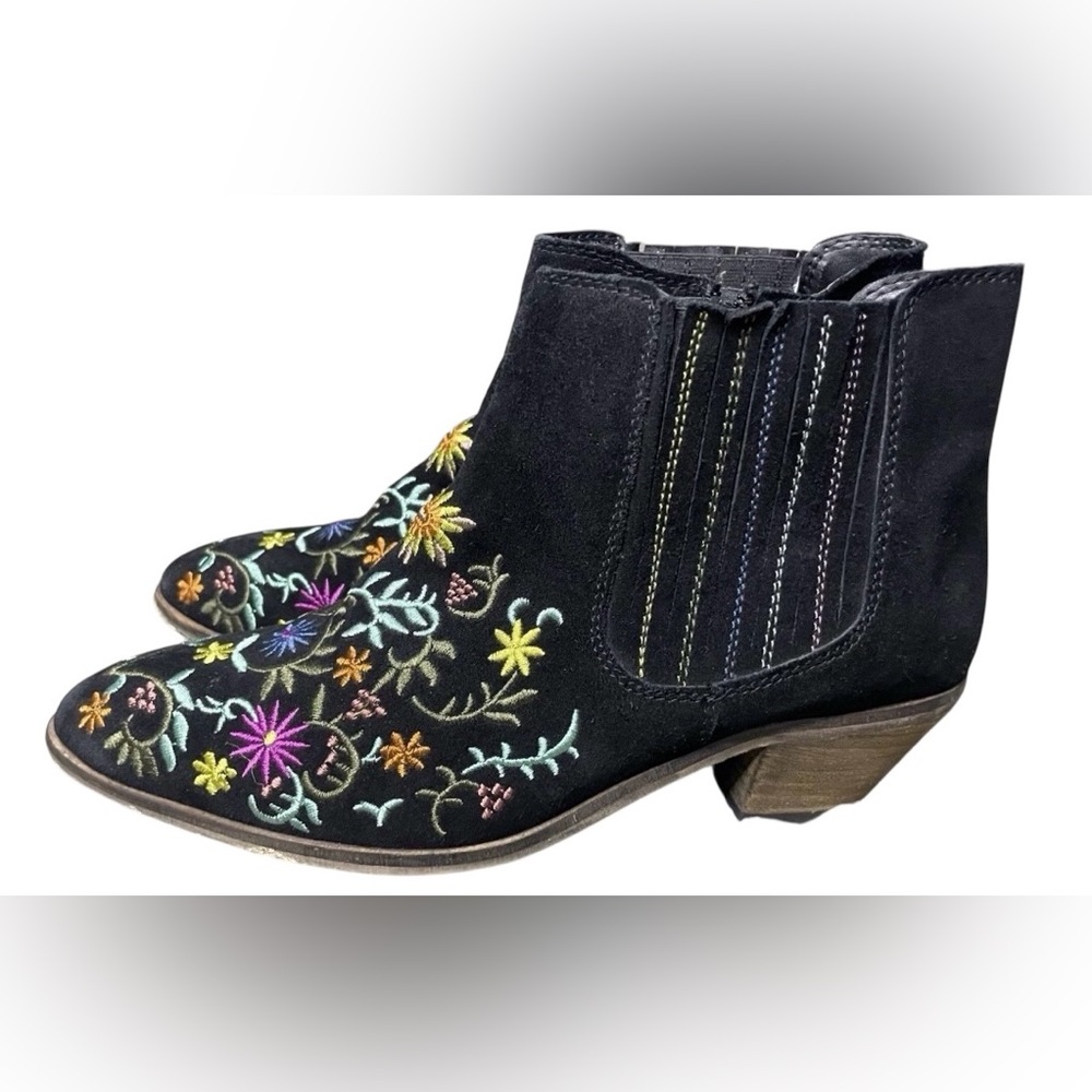Diba Embroidered Floral Ankle Booties Black Suede Boho Western Size 7.5 - Picture 4 of 7